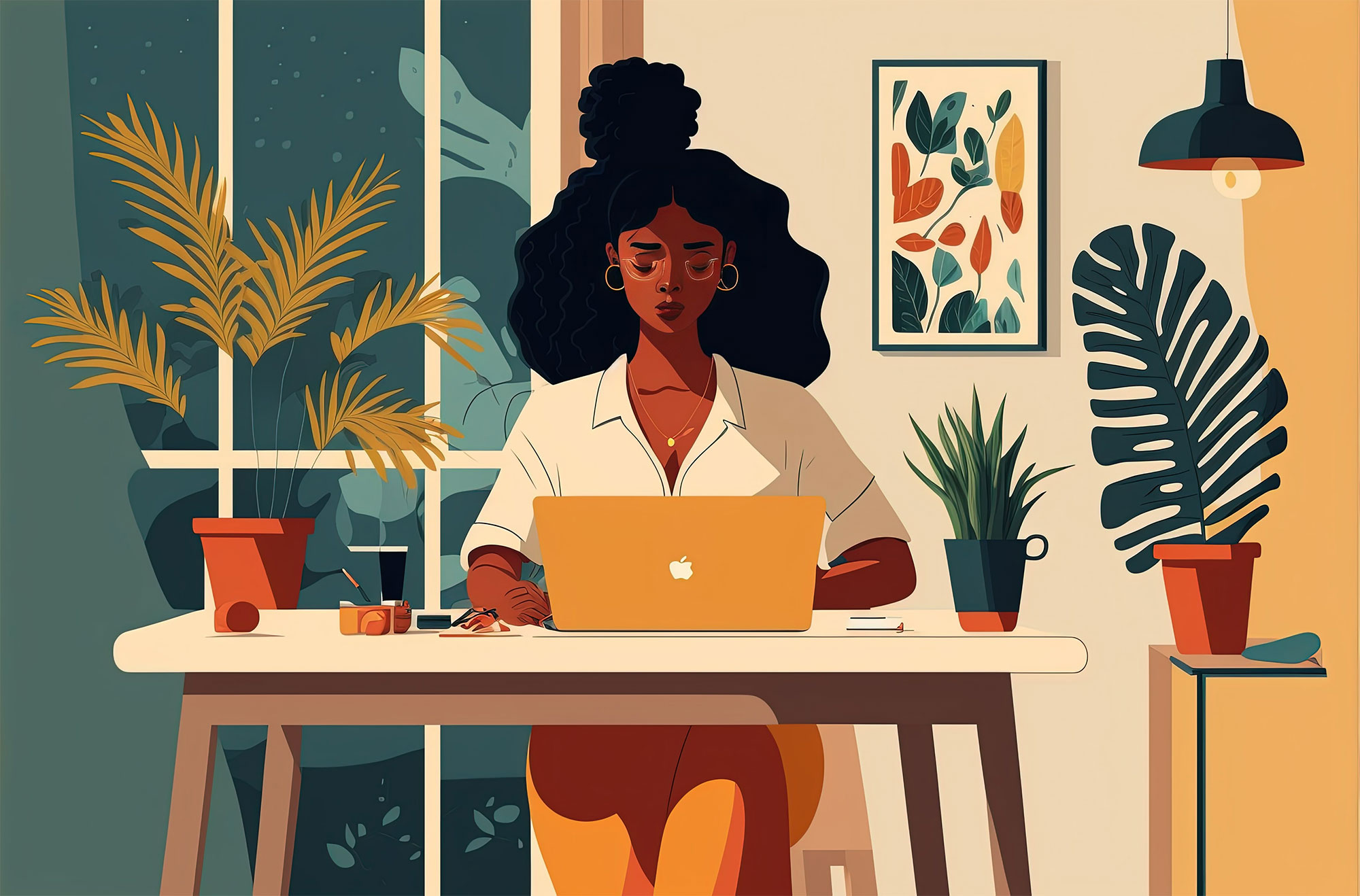 Colorful illustration of a Black person sitting down at their desk on a laptop. They are surrounded by plants and behind them is a large window.