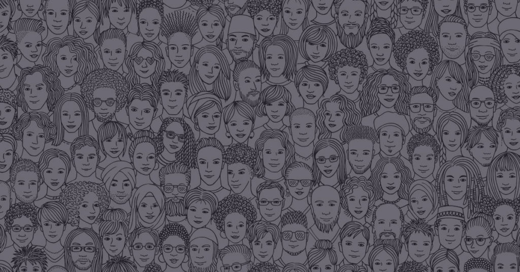 Crowded backdrop of hand drawn faces of all different races